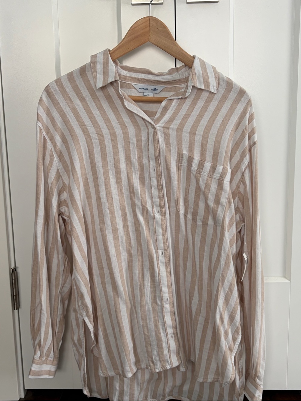 NWT Old Navy Light Tan & White Striped Women’s Button-Up Shirt Linen Blend